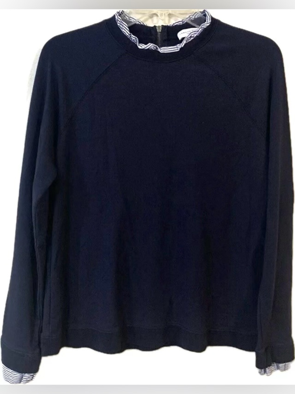 Carolina Belle Montreal Navy Blue Cotton Blend Top Stripe Trim Layering M Coast